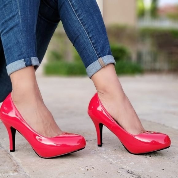 Shoes - Women's Red PAT Low Heel Pumps Shoes